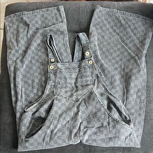Pre-Loved 10MIDFL Gray Checkered Wide Leg Overalls